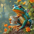 A small frog with a cup of coffee perched atop a tree stump in an outdoor environment Royalty Free Stock Photo