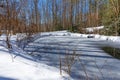 Small frozen pond is surrounded by very deep snow in Pisgah Forest