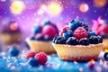 Small fruit tarts topped with a colorful array of berries are beautifully arranged, creating an inviting dessert display Royalty Free Stock Photo