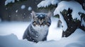 A small funny cat sits in the garden in the snow in winter