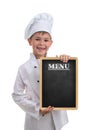 Small funny chef in white uniform holding a menu board, on white background.