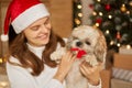 Small funny cute dog in woman on blurred Christmas background, puppy with red bow in teeth, smiling girl in santa claus hat Royalty Free Stock Photo