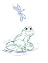 frog and dragonfly graphic illustration with color line art Royalty Free Stock Photo