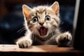 A small funny kitten with a wide open mouth is trying to climb onto the table