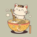 A small, funny and lovable kitten is eating ramen. Japanese style vector illustration. Royalty Free Stock Photo