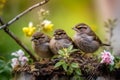 Small funny sparrow chicks sit in the garden surrounded by pink Apple blossoms on a sunny day