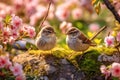 Small funny sparrow chicks sit in the garden surrounded by pink Apple blossoms on a sunny day
