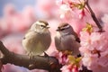 Small funny sparrow chicks sit in the garden surrounded by pink Apple blossoms on a sunny day