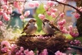 Small funny sparrow chicks sit in the garden surrounded by pink Apple blossoms on a sunny day