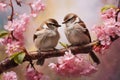 Small funny sparrow chicks sit in the garden surrounded by pink Apple blossoms on a sunny day