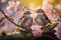 Small funny sparrow chicks sit in the garden surrounded by pink Apple blossoms on a sunny day
