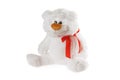 Small funny teddy bear toy isolated at white background. Stuffed puppet animal