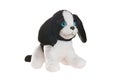 Small funny toy dog isolated at white background. Stuffed puppet animal