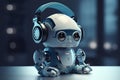 Small futuristic Ai robot listening to music headphones. Ai generated Royalty Free Stock Photo