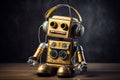 Small futuristic Ai robot listening to music headphones. Ai generated Royalty Free Stock Photo