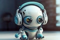 Small futuristic Ai robot listening to music headphones. Ai generated Royalty Free Stock Photo