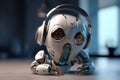 Small futuristic Ai robot listening to music headphones. Ai generated Royalty Free Stock Photo