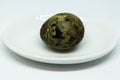 A Small Galaxy On A Quail Egg In A Green Range. A Still-life On Easter Holidays.