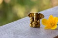 Small Ganesha figure with bright yellow flower. Beautiful Ganesh statue with open palm and blooming flower on wooden board.