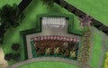 Small garden design. A recreation area with a rose garden, a swing, a trellis and a hedge on the territory near a private house.