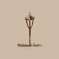 Small Garden Light. Solar Powered Lamp drawing. Sketch of Lantern. Hand drawn vector illustration of a street lamp. Brown drawing