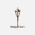 Small Garden Light. Solar Powered Lamp drawing. Sketch of Lantern. Hand drawn vector illustration of a street lamp. Brown ink draw