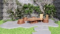 small garden with natural wooden furniture chair and table Royalty Free Stock Photo