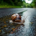 Small garden snail crawling on wet road, nature exploration photo Royalty Free Stock Photo