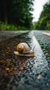 Small garden snail crawling on wet road, nature exploration photo Royalty Free Stock Photo