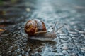 Small garden snail crawling on wet road, nature exploration photo Royalty Free Stock Photo