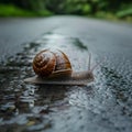 Small garden snail crawling on wet road, nature exploration photo Royalty Free Stock Photo