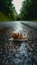 Small garden snail crawling on wet road, nature exploration photo Royalty Free Stock Photo