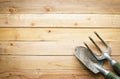 Small gardening shovel and fork on wooden background Royalty Free Stock Photo