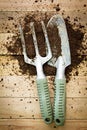 Small gardening shovel and fork on wooden background Royalty Free Stock Photo