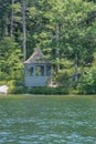 Small gazebo on a dock overlooking the crystal blue waters of Lake Winnipesaukee in New Hampshire