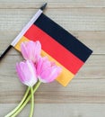 Small German flag with pink tulips on a wood background Royalty Free Stock Photo