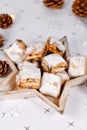 Small German Stollen cake pieces, a fruit bread with nuts, spices, and dried fruits Royalty Free Stock Photo