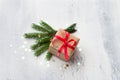 A small gift wrapped in kraft paper with a red ribbon on a light blue background with natural Christmas tree branches Royalty Free Stock Photo