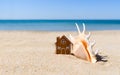 A small gingerbread house and a large shell with long thorns stand on the seashore on a hot sunny day.