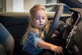 Small girl in car exhibition room