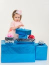 Small girl child with present box. Christmas gift. Thanks for your purchase. Happy birthday. New year party. happy