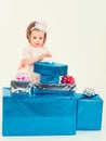 Small girl child with present box. Christmas gift. Thanks for your purchase. Happy birthday. New year party. happy