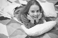 Small girl child ready to sleep. Time to relax. Good morning. International childrens day. Little happy girl in bedroom Royalty Free Stock Photo