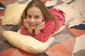 Small girl child ready to sleep. Time to relax. Good morning. International childrens day. Little happy girl in bedroom Royalty Free Stock Photo