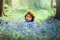 A small girl with dandelion wreath is sitting on field of forget me not blue flowers