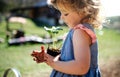 Small girl with dirty hands outdoors in garden, sustainable lifestyle concept. Royalty Free Stock Photo