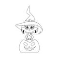 A small girl is dressed as a witch, happily carrying a pumpkin and excitedly waiting for Halloween.Linear style.