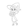 A small girl dressed as a witch is joyfully holding a pumpkin and excitedly waiting for Halloween.Linear style.