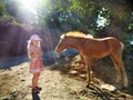 Small girl with female horse foal Royalty Free Stock Photo