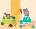 Small girl in game room playing with toys on door background banner vector illustration. Box with ball, doll, car